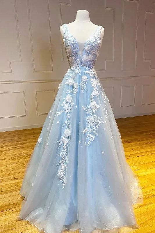 Lace DressBlue V neck applique tulle lace long elegant ball gown evening dress gh2306