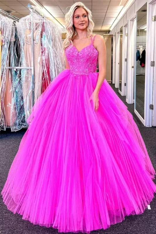 women's casual Friday dressesV Neck Fuchsia Lace Appliques Tulle Long Prom Dresses, Fuchsia Lace Formal Evening Dresses, Fuchsia Ball Gown gh2562