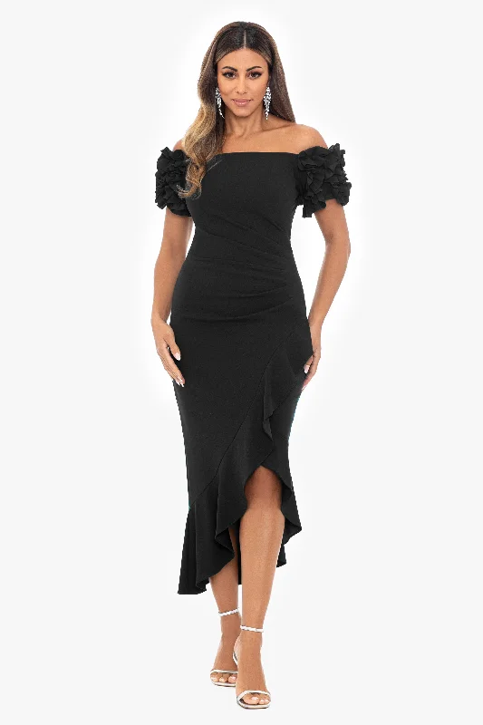 Velveteen Dress"Loretta" Scuba Crepe Off the Shoulder Ruffle Sleeve Midi Dress