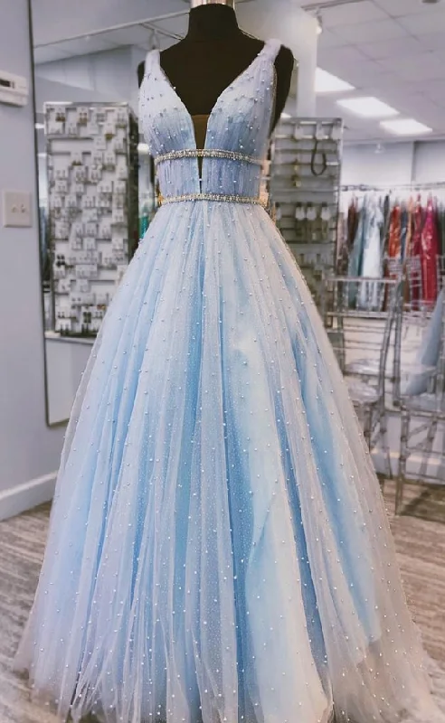 Backless DressLight Blue Tulle V Neck Pearl Beaded Long Prom Dress, Evening Dress gh2162