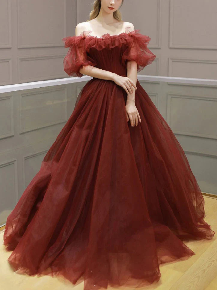 Sheath DressBurgundy Off Shoulder A Line Formal Evening Dress Tulle Long Prom Dress gh2516