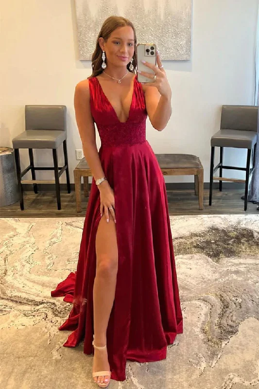 Formal DressBurgundy V Neck Lace Long Prom Evening Dress With High Slit gh2526