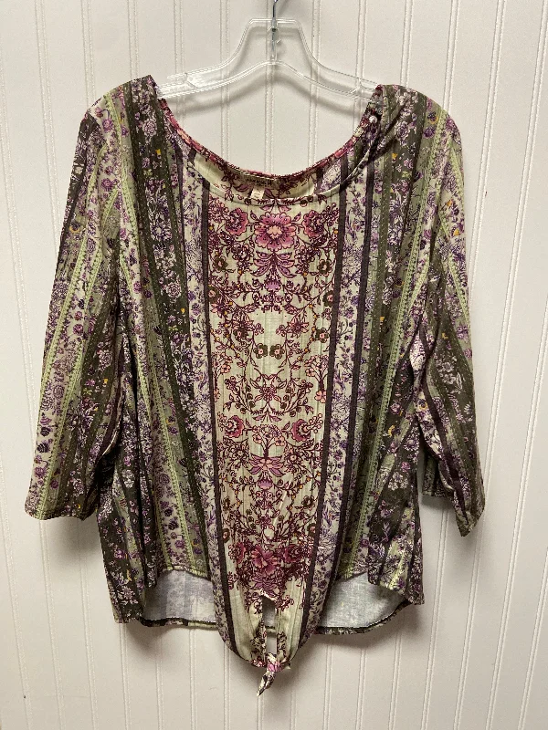 silk women's topsTop Long Sleeve By One World In Green & Purple, Size: 3x