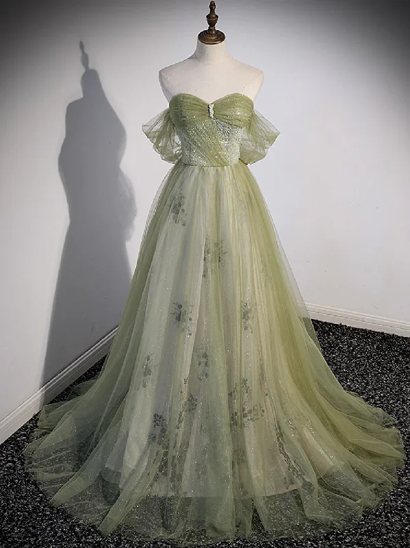 women's business casual dressesAline Green Long Prom Dress, Green Tulle Formal Evening Dress gh2572