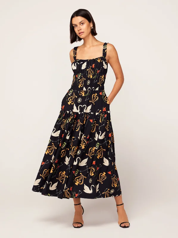 Cold-Shoulder DressIsobel Black Cygnus And Lyra Print Midi Dress