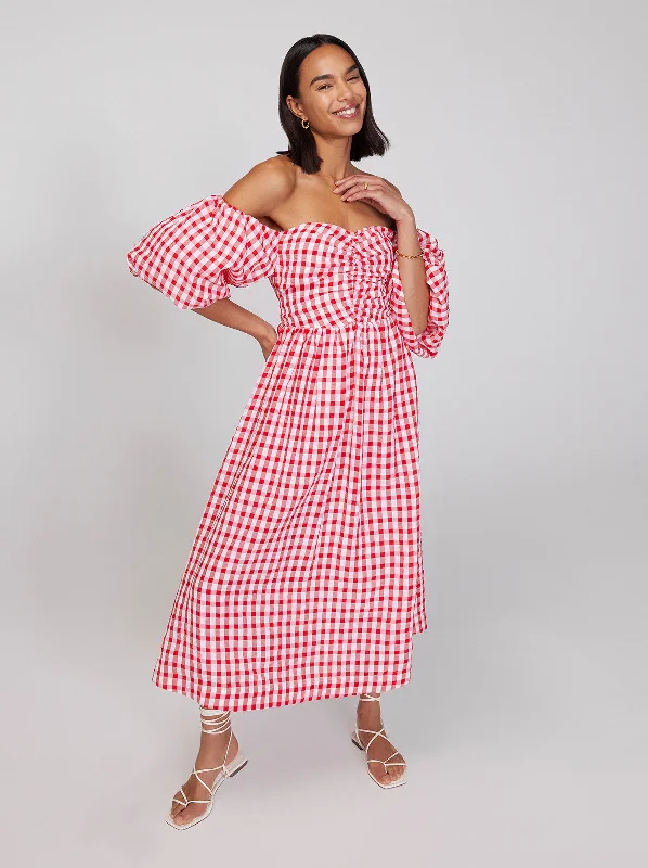 women's lightweight dressesAlexis Red Gingham Bardot Midi Dress