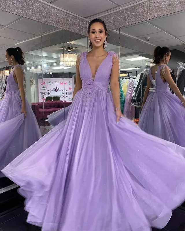 women's luxury dressesDeep V Neck Purple Tulle Long Prom Dress, Long Lavender Formal Evening Dress gh2220