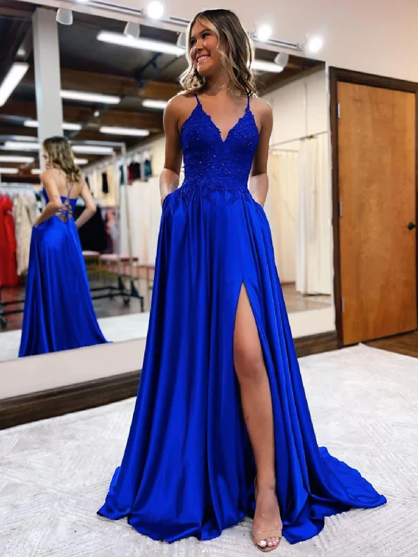 Glitter DressBlue v neck satin lace long prom dress, blue evening dress gh2442