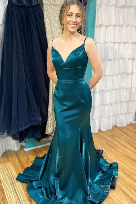 women's eco-friendly dressesBlue satin long prom dress mermaid evening dress gh2369