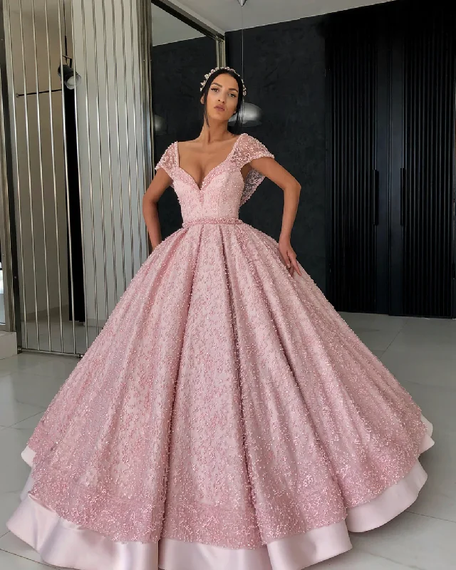 women's minimalist dressesGorgeous pink ball gown V neck floor length organza beaded crochet flowers evening dress gh2221