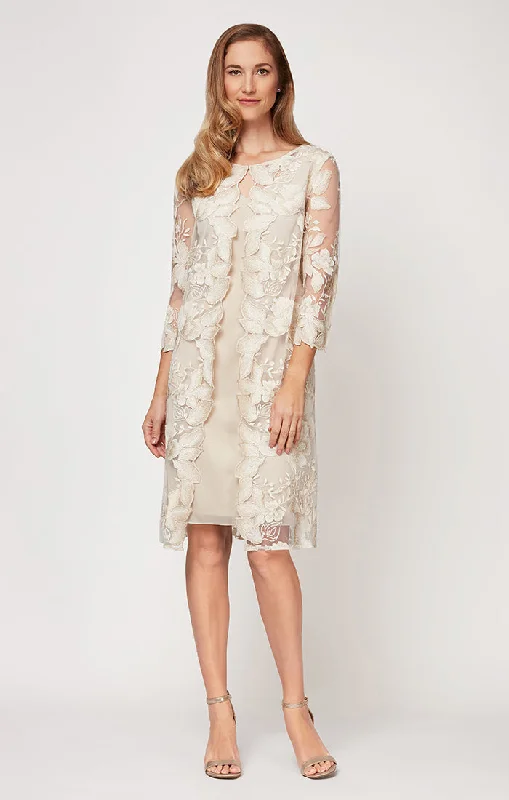 Fit-And-Flare DressMidi Embroidered Mock Jacket Dress with Attached Jacket & Chiffon Tank Dress