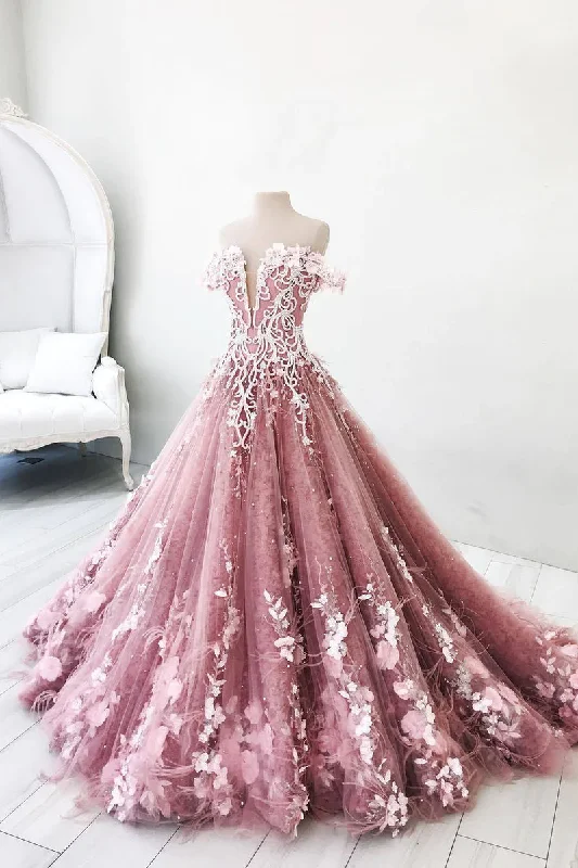 Long-Sleeve DressUnique pink tulle lace long prom dress, pink tulle lace evening dress gh2315