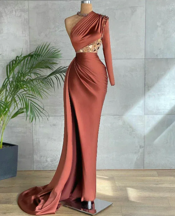 Cut-Out DressBrown Mermaid Beaded One Shoulder Evening Dresses High Side Split Prom Dress  gh2011