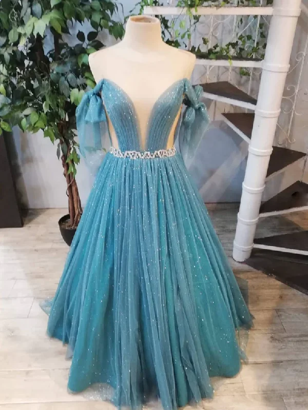 Casual DressBLUE ROUND NECK TULLE SEQUIN LONG PROM DRESS, BLUE EVENING DRESS gh2206