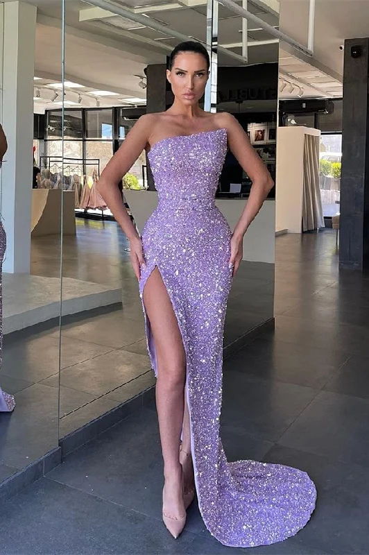 Off-The-Shoulder DressFabulous Lilac Strapless Sequins Evening Dress Mermaid Long With Split gh2038