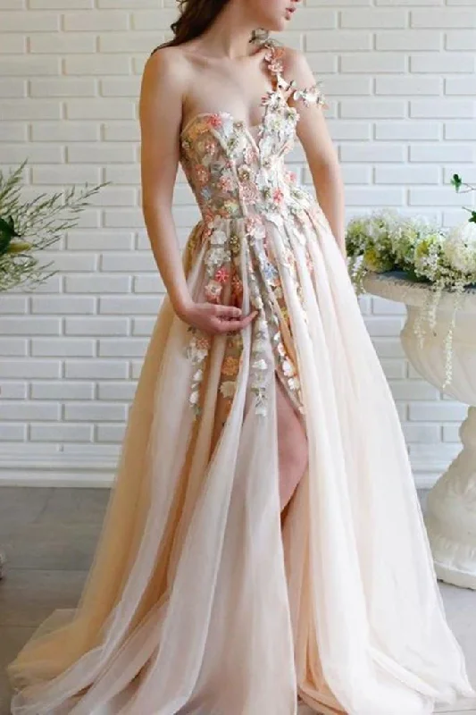 women's trendy dressesElegant One Shoulder Champagne Prom Dresses with Flower, One Shoulder Champagne Floral Formal Evening Dresses gh2066