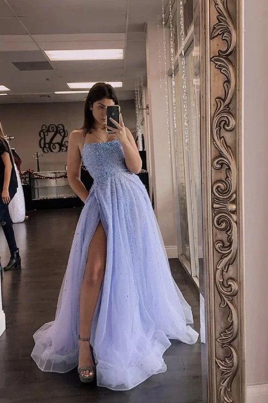 Halter DressBLUE TULLE BEADS LONG A LINE PROM DRESS EVENING gh2165