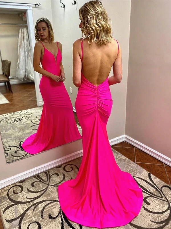 women's striped dressesV Neck Hot Pink Mermaid Long Prom Dresses, Hot Pink Mermaid Formal Evening Dresses gh2257