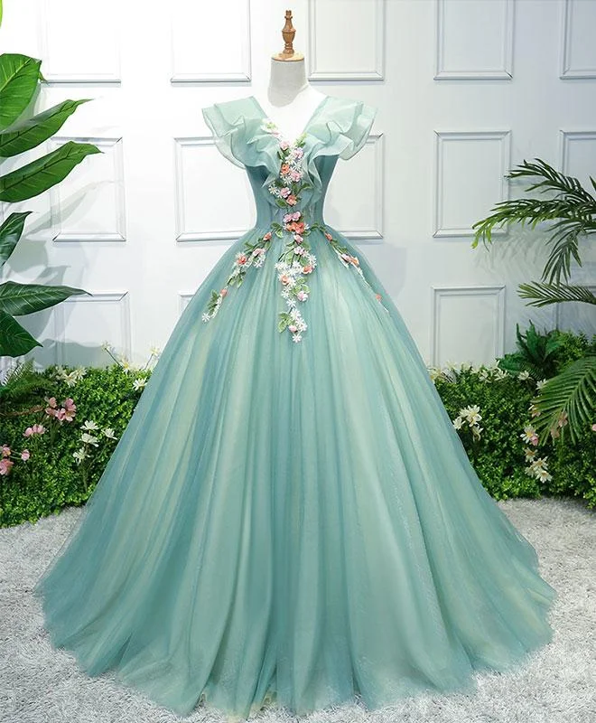 High-Low DressGreen V Neck Tulle Long Prom Dress, Formal Dresses, Green Evening Dress  gh2194