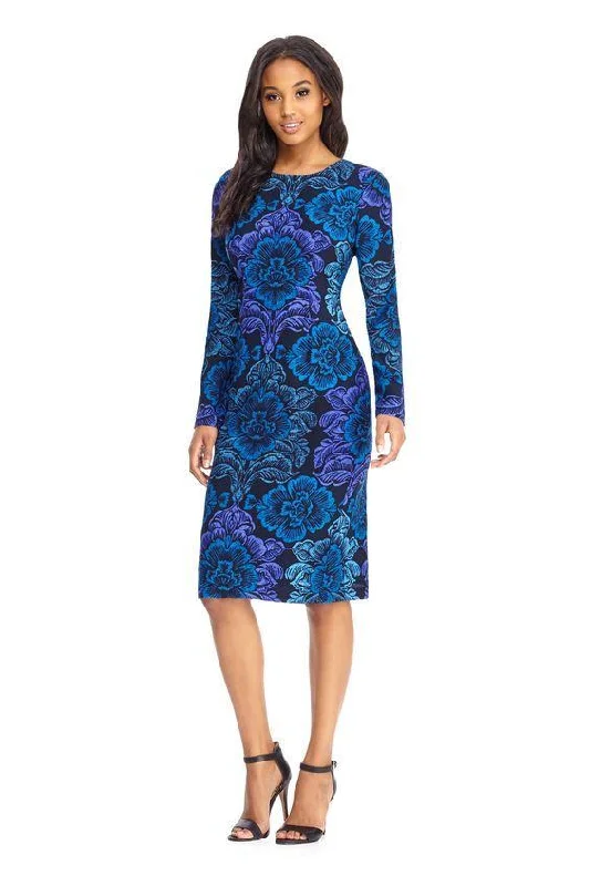 women's casual Friday dressesMaggy London - GSF03M Long Sleeve Floral Print Midi Dress - 1 Pc Navy Blue in Size 4 Available