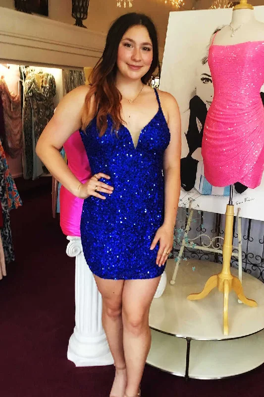 women's hourglass figure dressesRoyal Blue Sequin V-Neck Cutout Back Bodycon Short Dress  gh1256