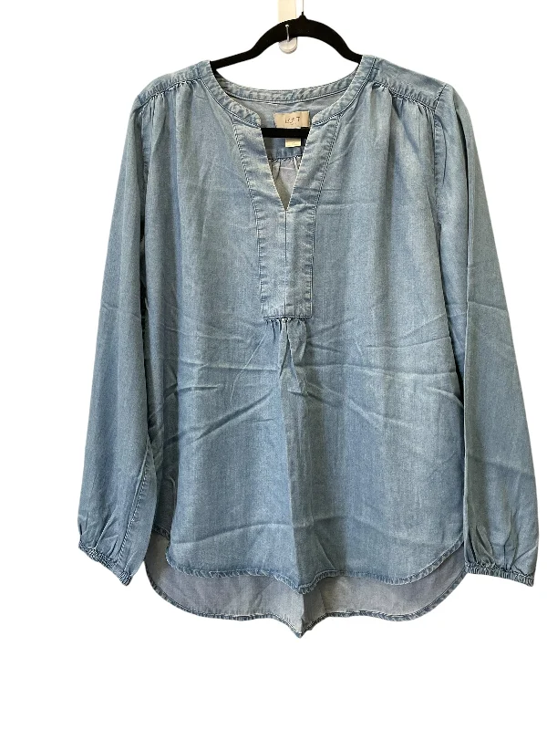 women's tops with sheer overlaysTop Long Sleeve By Loft In Blue Denim, Size: M