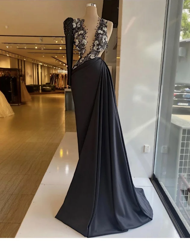 Short-Sleeve Dressblack prom dresses, long sleeve prom dresses, hand made flowers prom dresses, black evening dresses, long sleeve evening gowns  gh2188