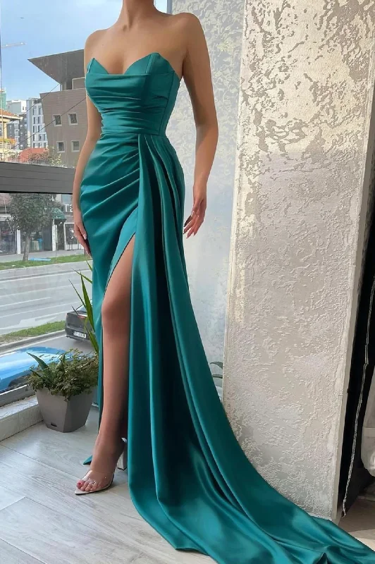 women's casual Friday dressesGreen Strapless Satin Long Ball Gown Evening Dress  gh2370