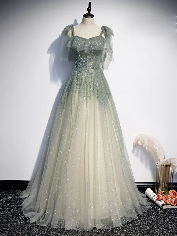 Custom DressGray Green Tulle Sequin Beads Long Prom Dress, Green Evening Dress  gh2132