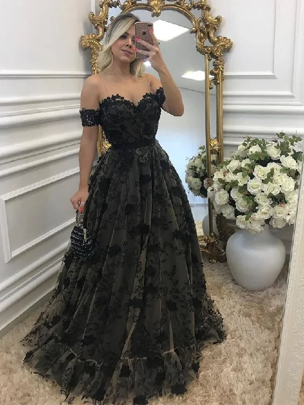 Minimalist DressOff Shouler Black Lace Long Prom Dresses with Appliques, Off Shoulder Black Formal Dresses, Evening Dresses  gh2411