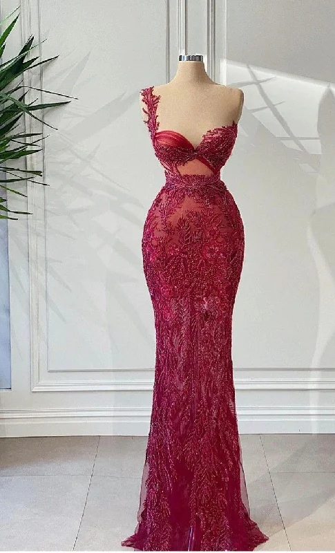 women's trendy dressesLuxury gorgeous elegant one shoulder burgundy long ball gown sexy bodycon evening dress gh2724