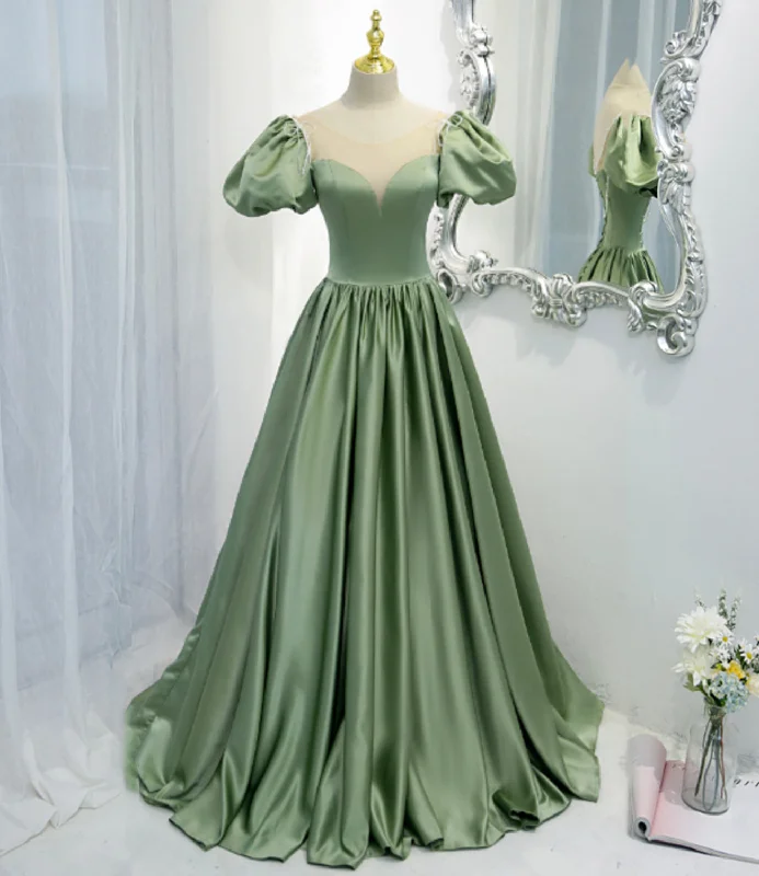 women's solid color dressesGreen satin long A line prom dress green evening dress  8810