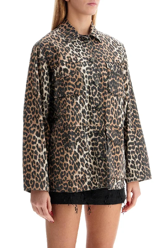 women's shearling coatsGanni Leopard Print Canvas Overshirt