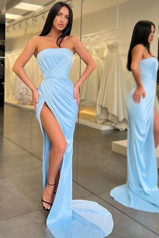 Mermaid DressLight Blue Long Mermaid Evening Dress Strapless Split  gh2043