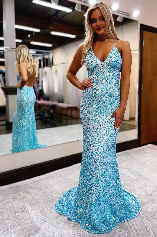 women's ball gown dressesBlue Sequin Backless Long Prom Dress sparkly evening dress gh2401