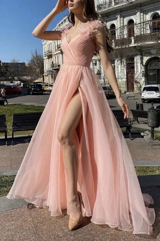 women's luxury dressesElegant V Neck Pink Tulle Long Prom Dresses with High Slit, Pink Tulle Formal Graduation Evening Dresses gh2551