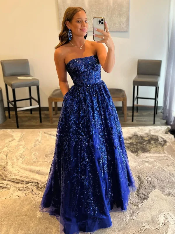 women's easy-to-wear dressesBlue A line tulle sequin long prom dress, blue tulle evening dress  gh2213