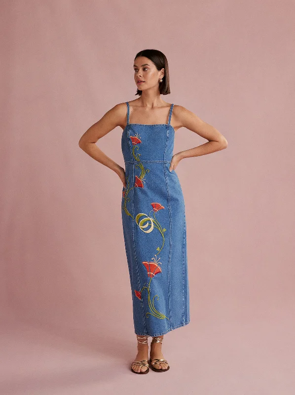 Long-Sleeve DressUrsula Embroidered Denim Midi Dress