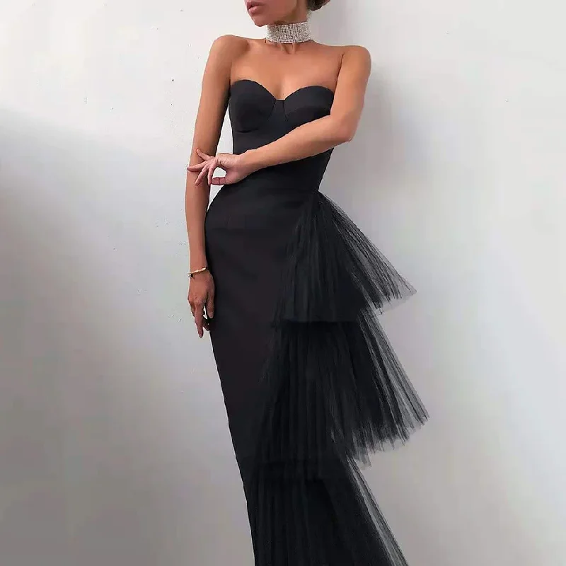 women's evening dressesSexy Satin Black/White Evening Dress 2024 Mermaid Strapless Tiered Off Shoulder Sleeveless Girl Formal Prom Dress gh2122