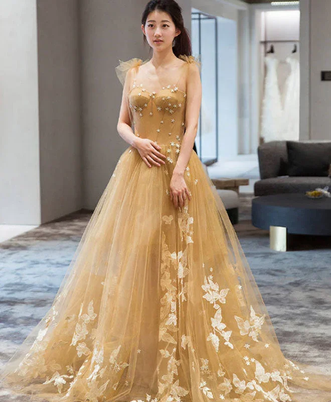 women's pear-shaped body dressesChampagne tulle lace long prom dress, tulle lace evening dress gh2231