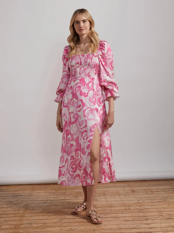 Tea-Length DressJolene Pink Floral Swirl Midi Dress