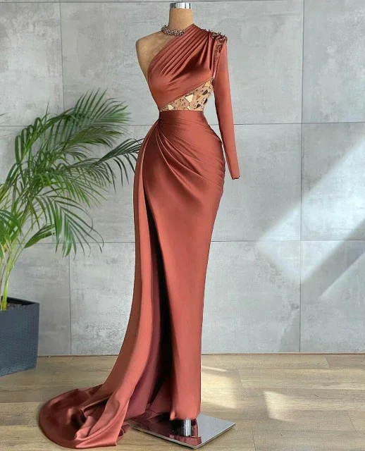 Tea-Length DressBrown fashion elegant one shoulder long evening dress prom dress gh2201