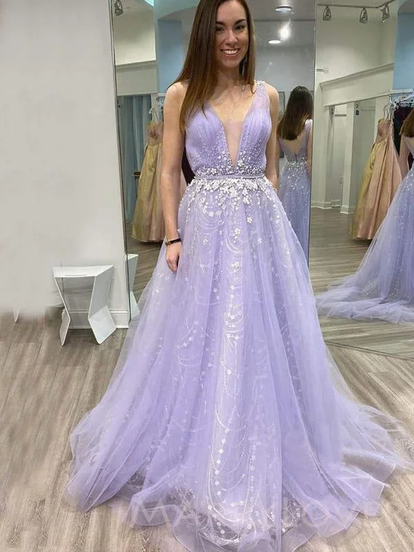 High-Low DressLilac Tulle Deep V-neck Beaded Long Evening Prom Dresses, Cheap Custom Prom Dress gh2500