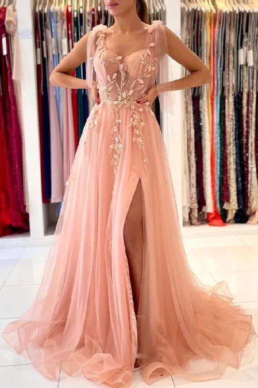 Ribbon DressPink charming heart-shaped sling tulle slit long evening dress gh2169