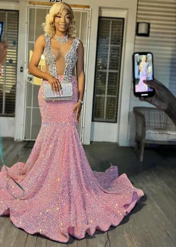 women's spaghetti strap dressesSequin Evening Dress Custom Made Black Girl Mermaid Prom Gowns  gh2116