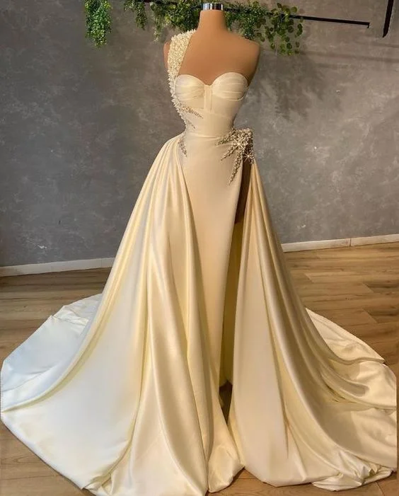 women's vacation dressesOne Shoulder Pearls Satin Bridal Gown evening dress gh2567