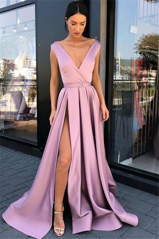 Tulle DressPink Straps Side-Slit A-Line Prom Dresses | Sexy Deep-V-Neck Sleeveless Evening Gown gh2032