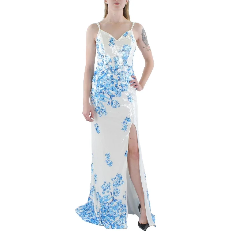 Silk DressDear Moon Womens Juniors Sequin Floral Print Evening Dress