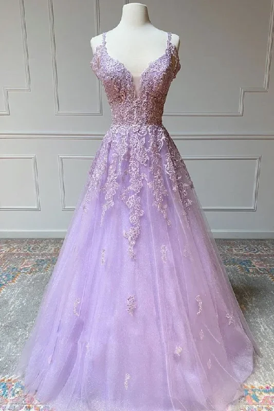 Glamour DressV Neck Off Shoulder Long Lilac Lace Prom Dress, Off Shoulder Purple Lace Formal Graduation Evening Dress gh2123