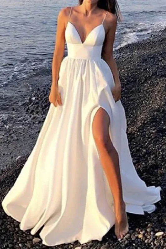 Chic DressV Neck Open Back White Long Prom Dress with High Slit, V Neck White Formal Graduation Evening Dress gh2125